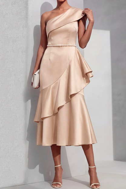 Champagne Formal Evening Dress One Shoulder Beaded Midi Dress with Ruffle