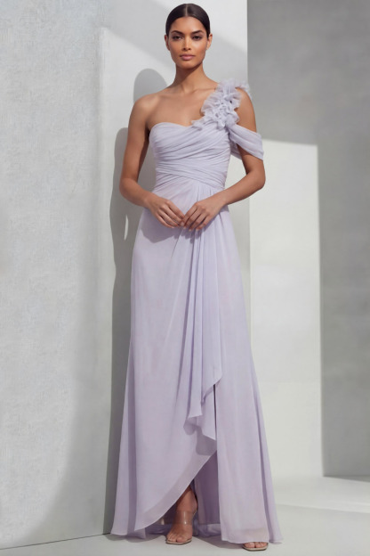 Lilac Formal Evening Dress One Shoulder Chiffon Maxi Dress with Slit