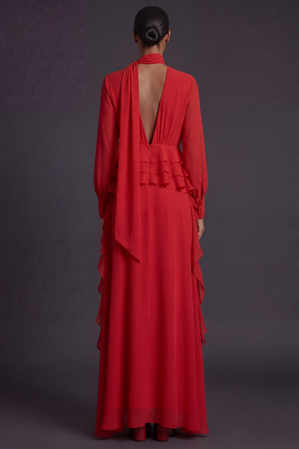 Red Formal Evening Dress V-Neck Chiffon Maxi Dress with Scarf