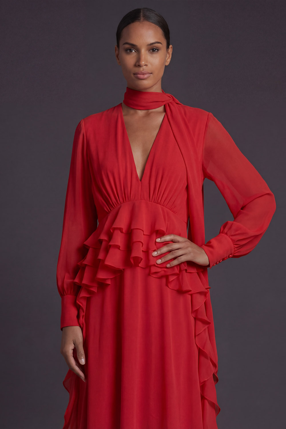 Red Formal Evening Dress V-Neck Chiffon Maxi Dress with Scarf