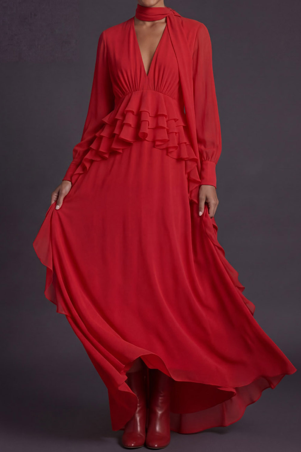Red Formal Evening Dress V-Neck Chiffon Maxi Dress with Scarf