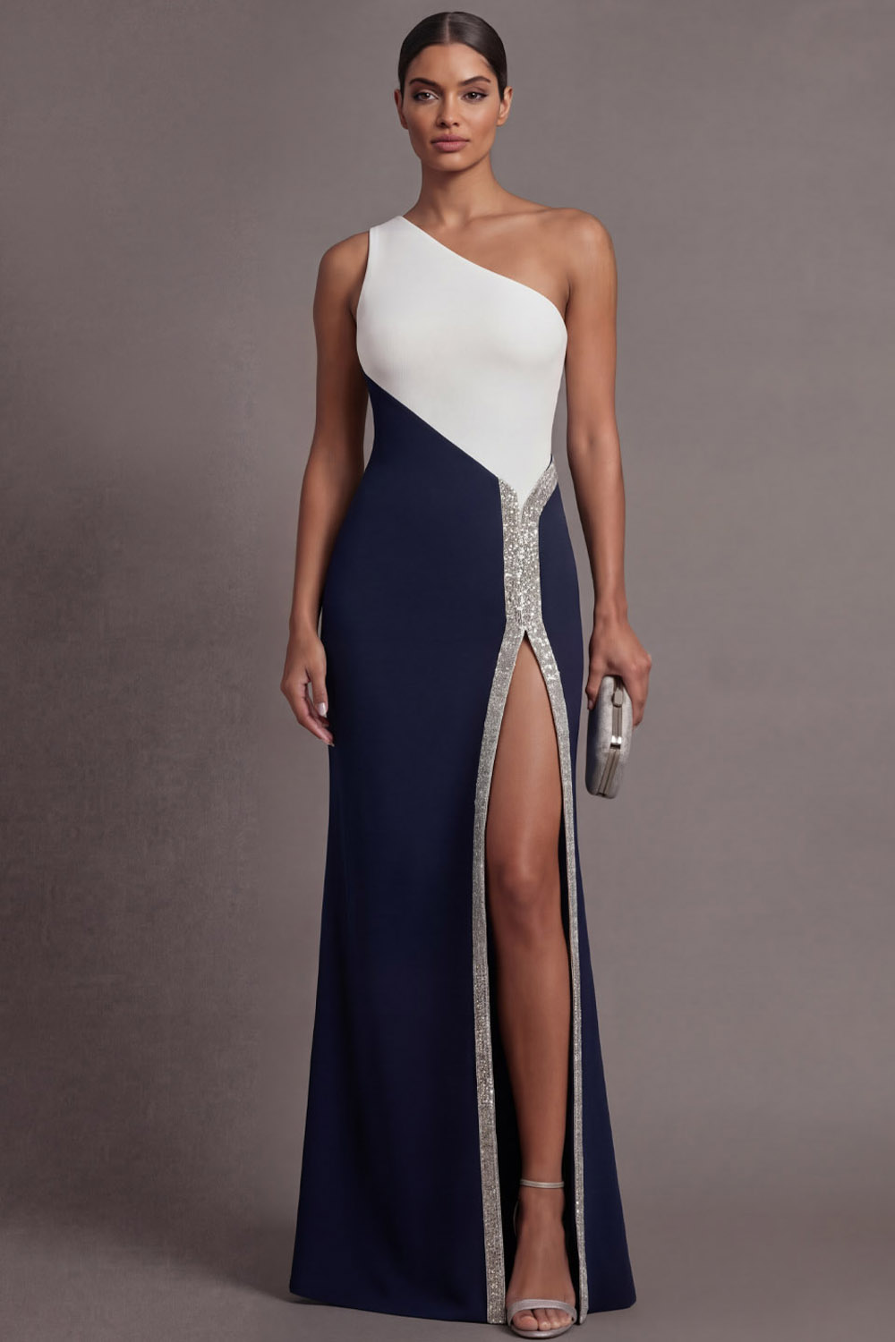 Navy Formal Evening Dress One Shoulder Sequin Maxi Dress with Slit