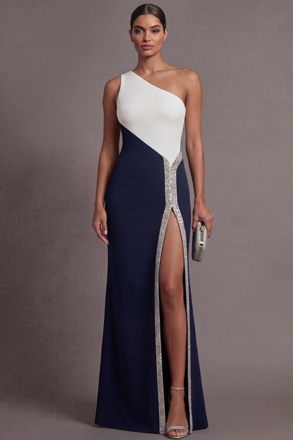 Navy Formal Evening Dress One Shoulder Sequin Maxi Dress with Slit
