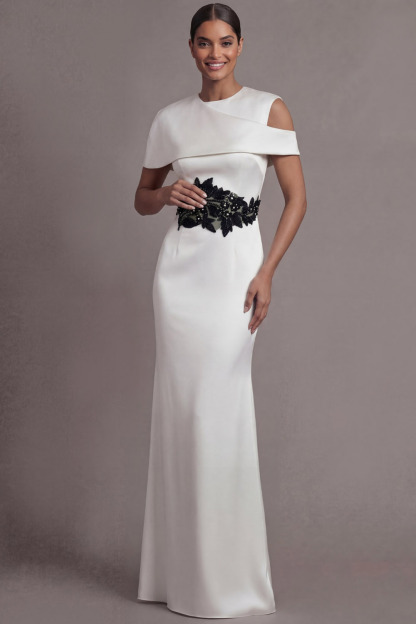 White Formal Evening Dress One Asymmetrical Neck Appliqued Maxi Dress 