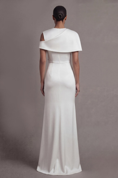 White Formal Evening Dress One Asymmetrical Neck Appliqued Maxi Dress 