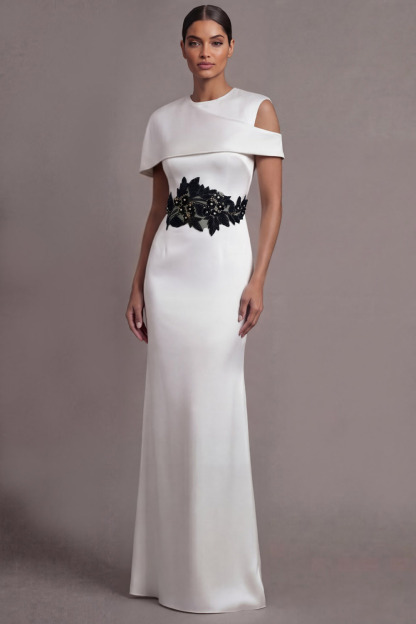 White Formal Evening Dress One Asymmetrical Neck Appliqued Maxi Dress 