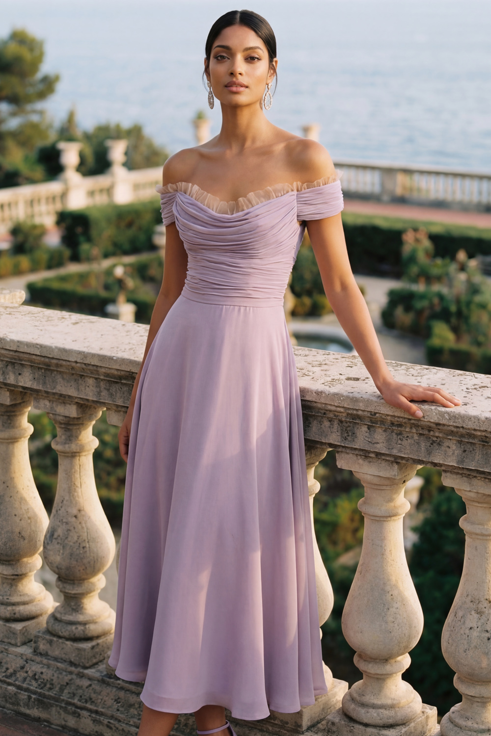 Wisteria Wedding Guest Dress A-Line Off the Shoulder Midi Dress 