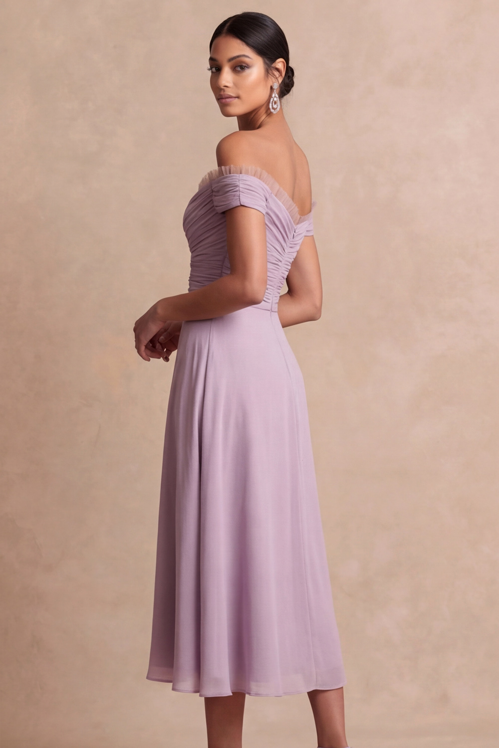 Wisteria Wedding Guest Dress A-Line Off the Shoulder Midi Dress 