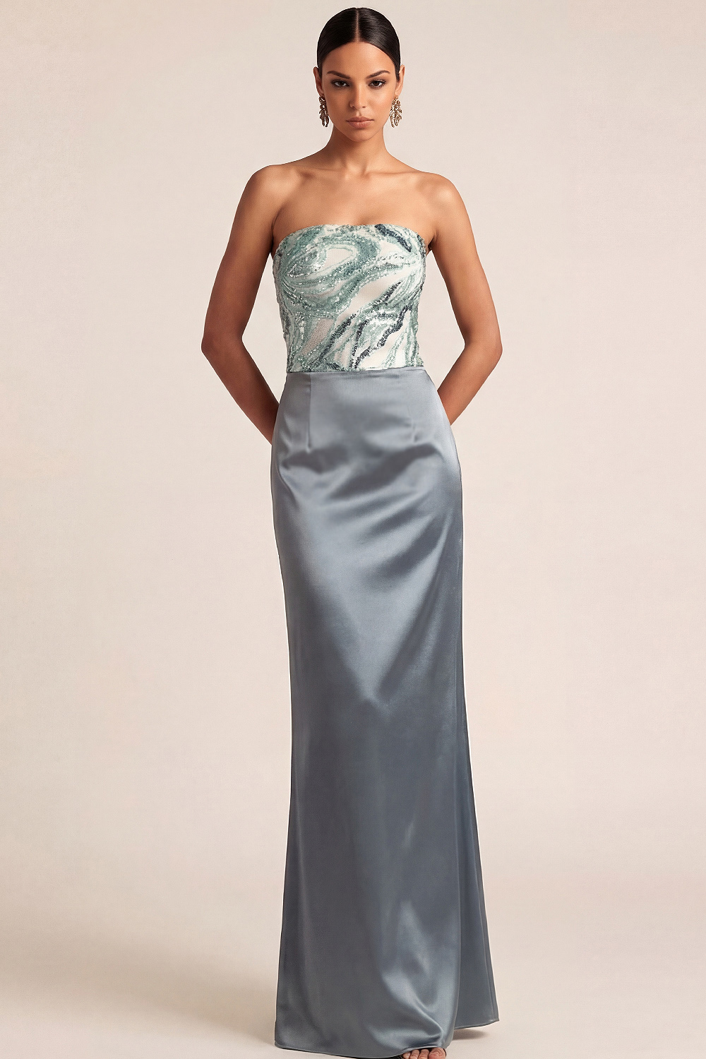 Dusty Blue Wedding Guest Dress Mermaid Strapless Maxi Dress with Sequin