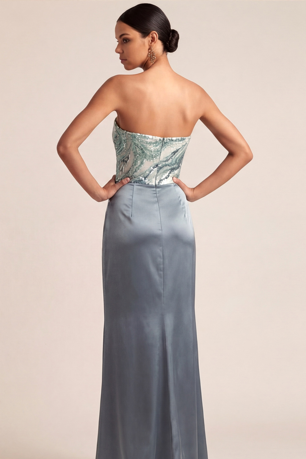 Dusty Blue Wedding Guest Dress Mermaid Strapless Maxi Dress with Sequin