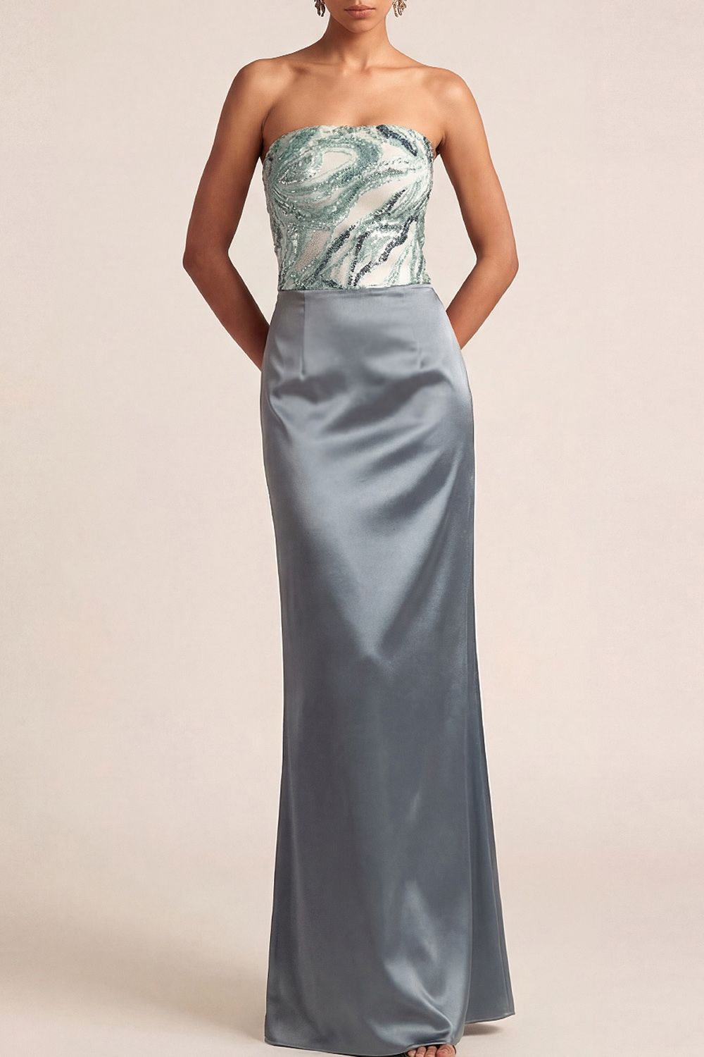 Dusty Blue Wedding Guest Dress Mermaid Strapless Maxi Dress with Sequin