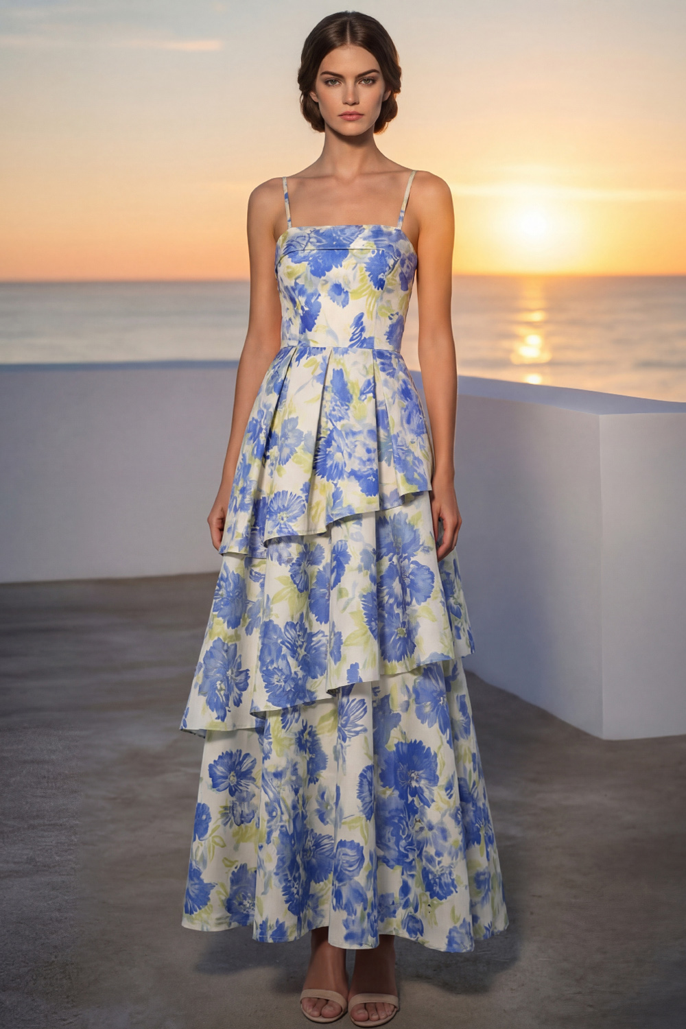 Blue Floral Wedding Guest Dress Spaghetti Straps Tiered Maxi Dress