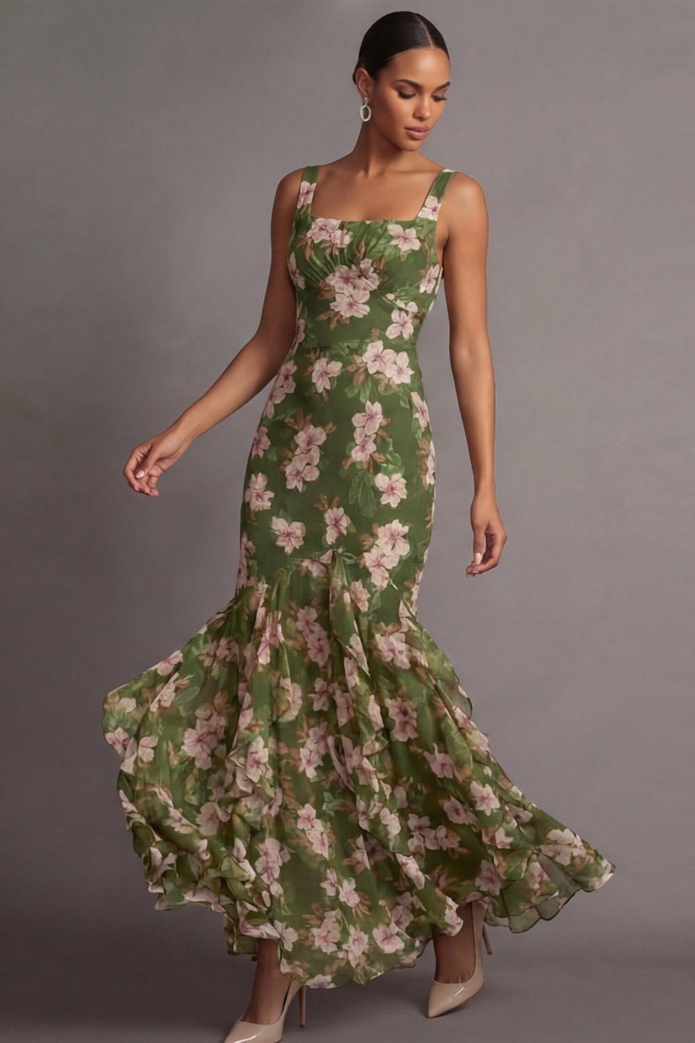 Olive Floral Wedding Guest Dress Mermaid Chiffon Maxi Dress with Ruffle