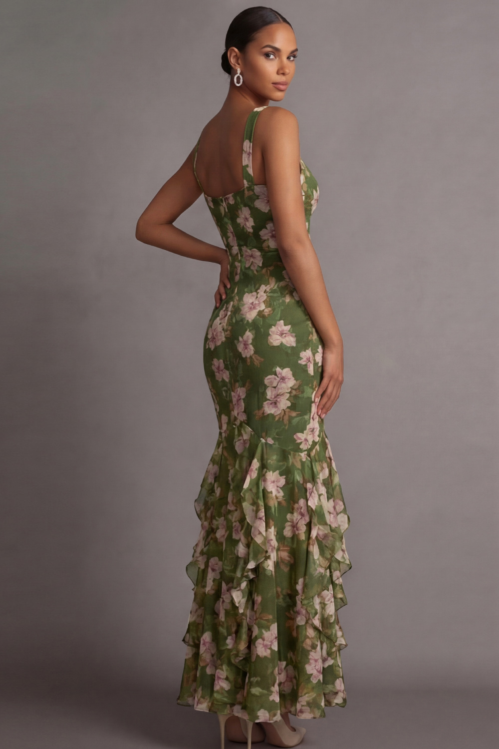 Olive Floral Wedding Guest Dress Mermaid Chiffon Maxi Dress with Ruffle