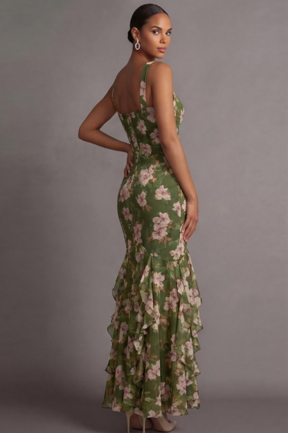Olive Floral Wedding Guest Dress Mermaid Chiffon Maxi Dress with Ruffle
