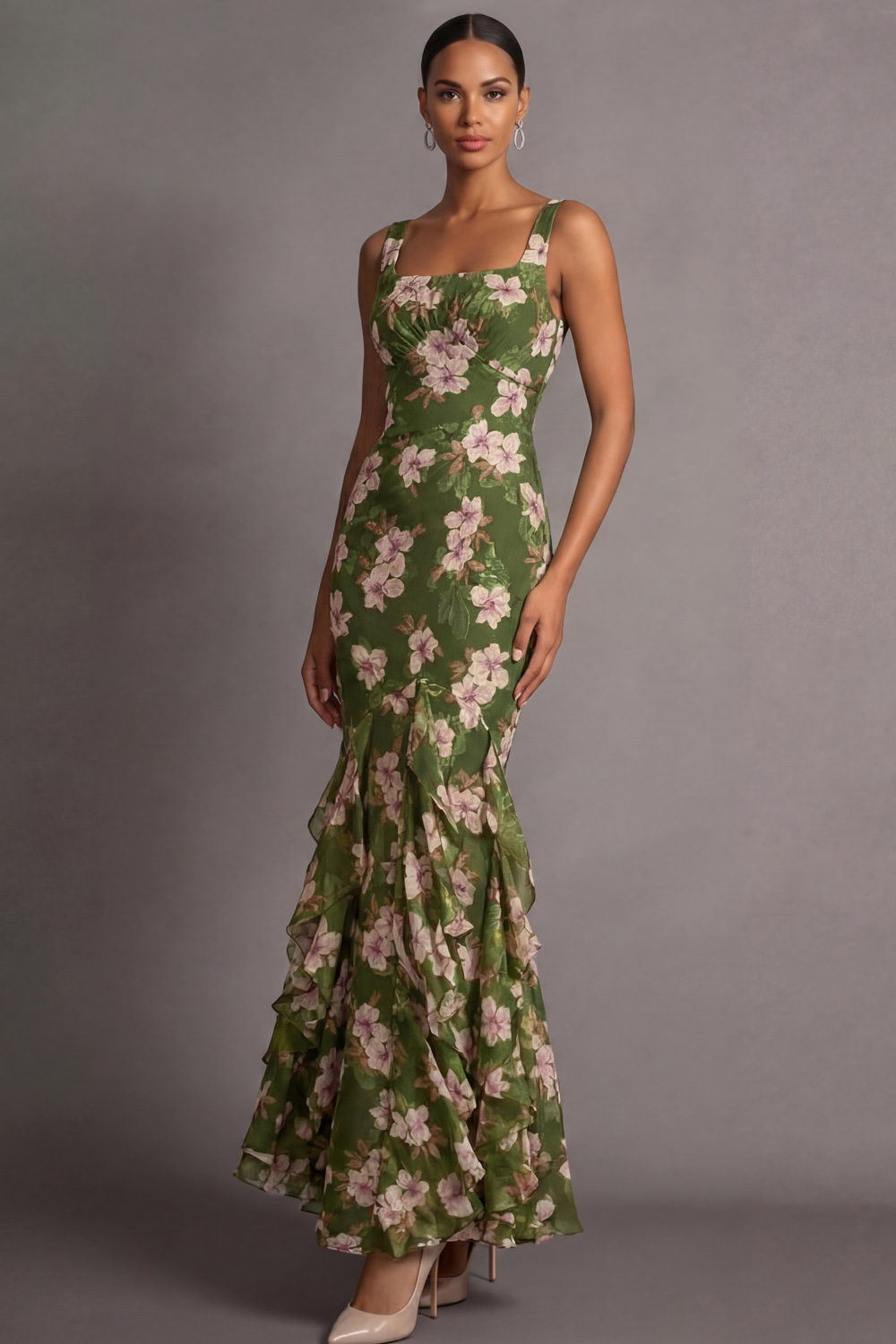 Olive Floral Wedding Guest Dress Mermaid Chiffon Maxi Dress with Ruffle