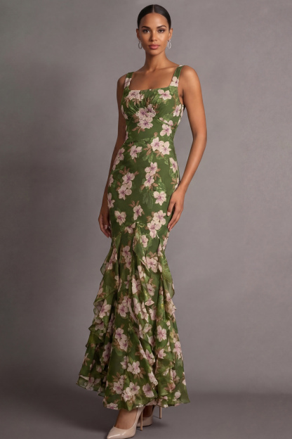 Olive Floral Wedding Guest Dress Mermaid Chiffon Maxi Dress with Ruffle