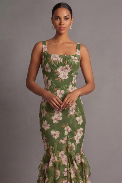 Olive Floral Wedding Guest Dress Mermaid Chiffon Maxi Dress with Ruffle