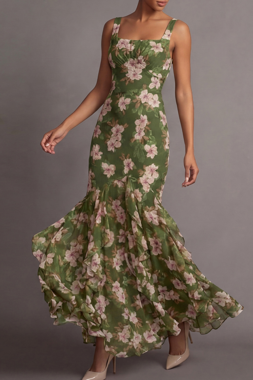Olive Floral Wedding Guest Dress Mermaid Chiffon Maxi Dress with Ruffle