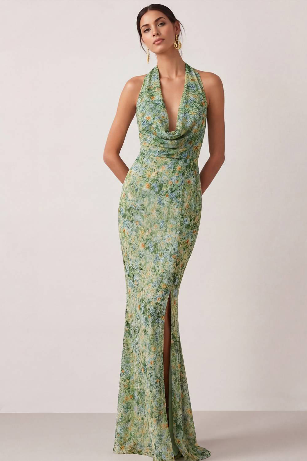 Green Floral Wedding Guest Dress Mermaid Cowl Neck Maxi Dress with Slit