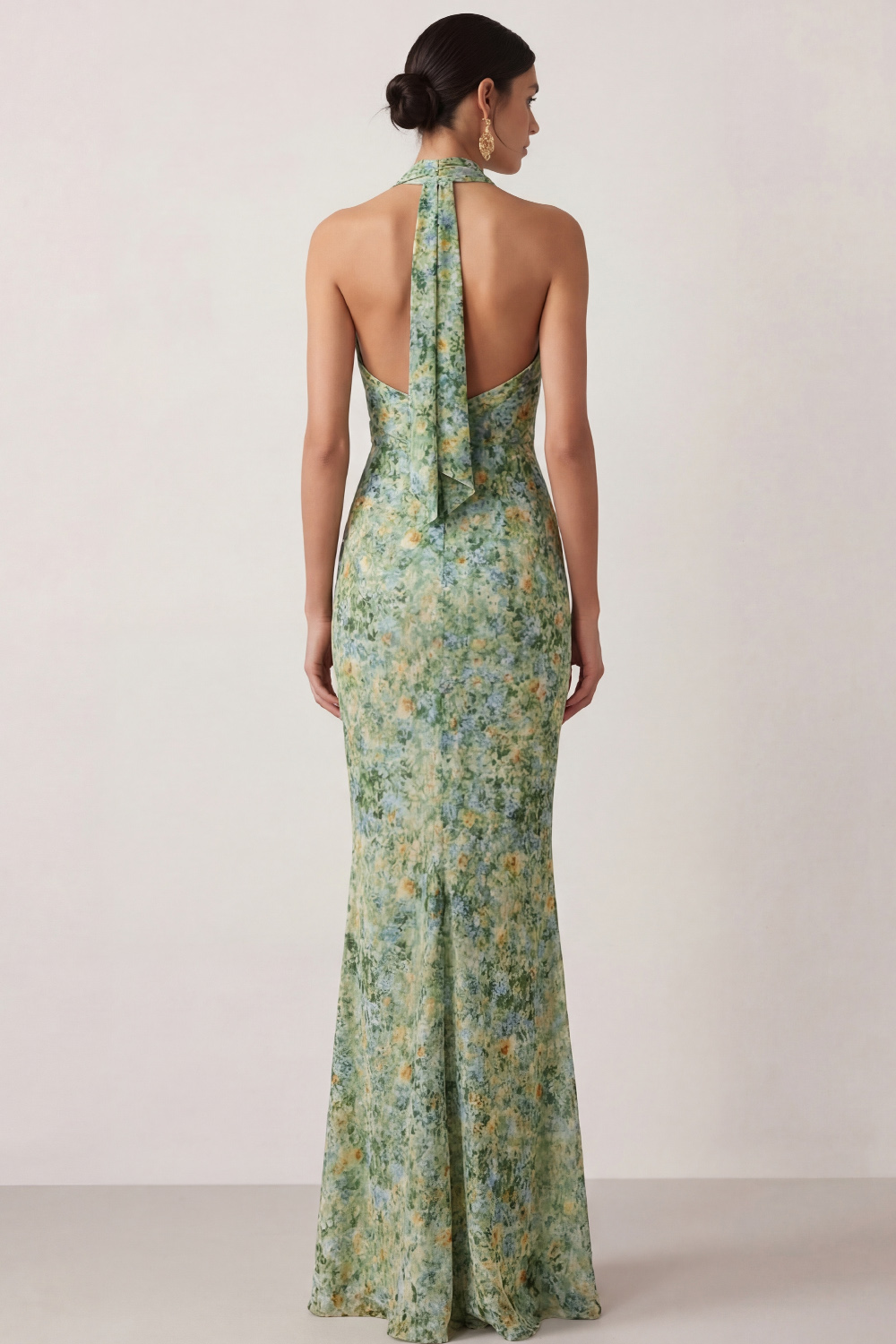 Green Floral Wedding Guest Dress Mermaid Cowl Neck Maxi Dress with Slit