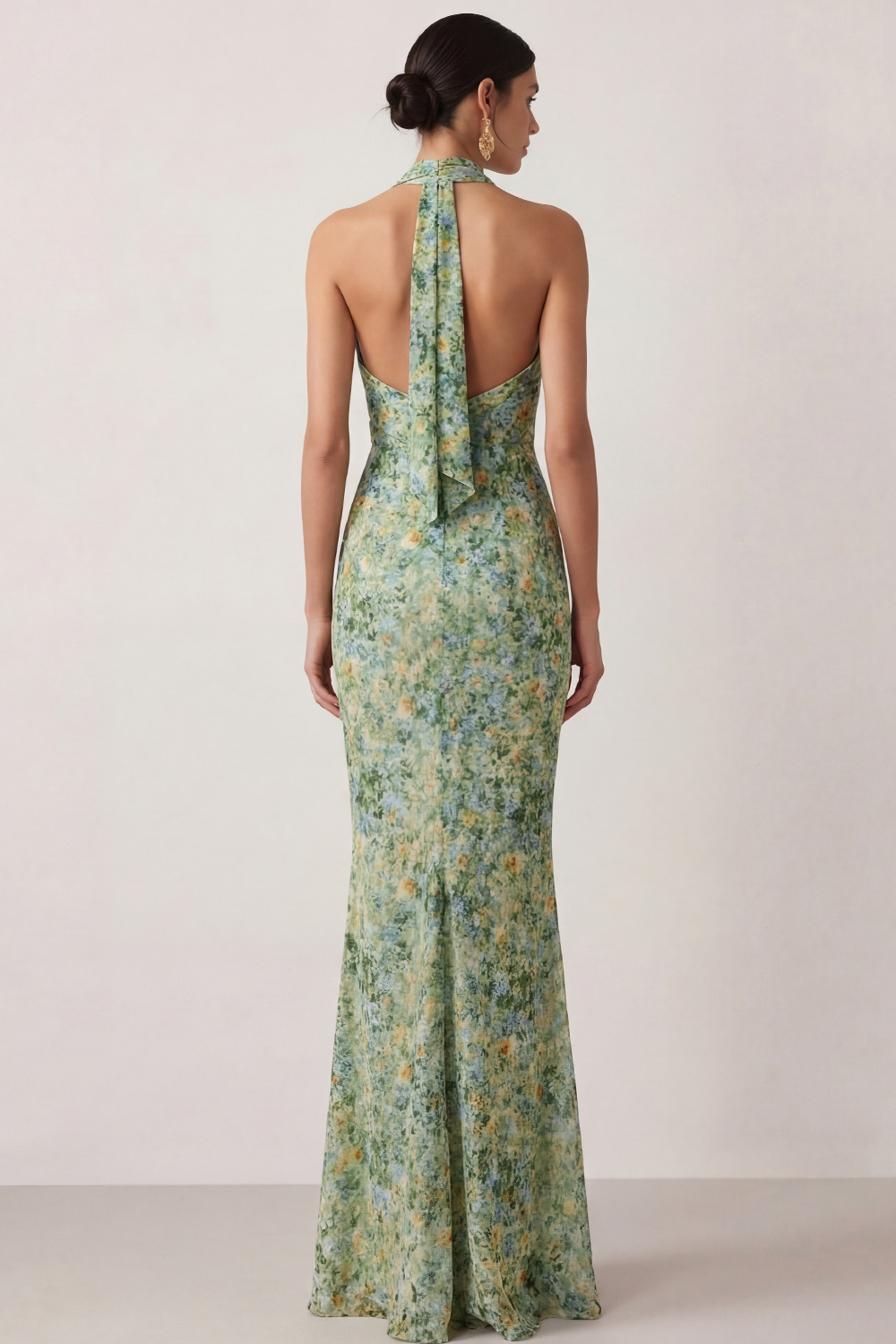 Green Floral Wedding Guest Dress Mermaid Cowl Neck Maxi Dress with Slit