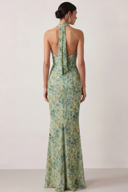 Green Floral Wedding Guest Dress Mermaid Cowl Neck Maxi Dress with Slit