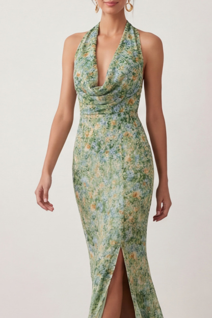 Green Floral Wedding Guest Dress Mermaid Cowl Neck Maxi Dress with Slit