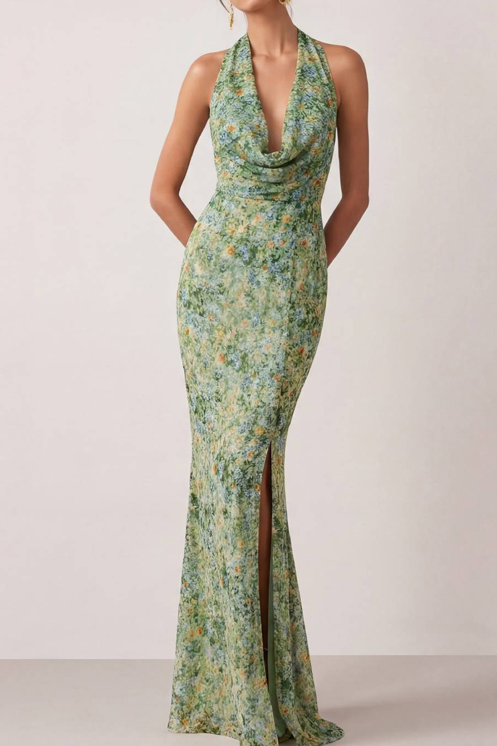 Green Floral Wedding Guest Dress Mermaid Cowl Neck Maxi Dress with Slit