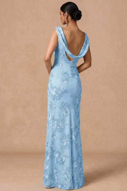 Light Blue Wedding Guest Dress Cowl Neck Embroidered Maxi Dress with Slit