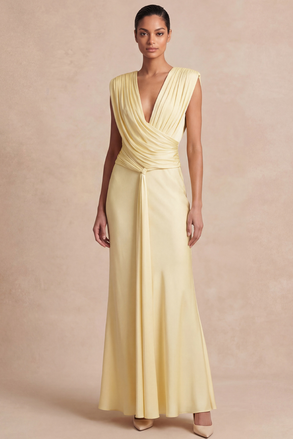 Mint Green Formal Evening Dress V-Neck Ruched Maxi Dress with Sash