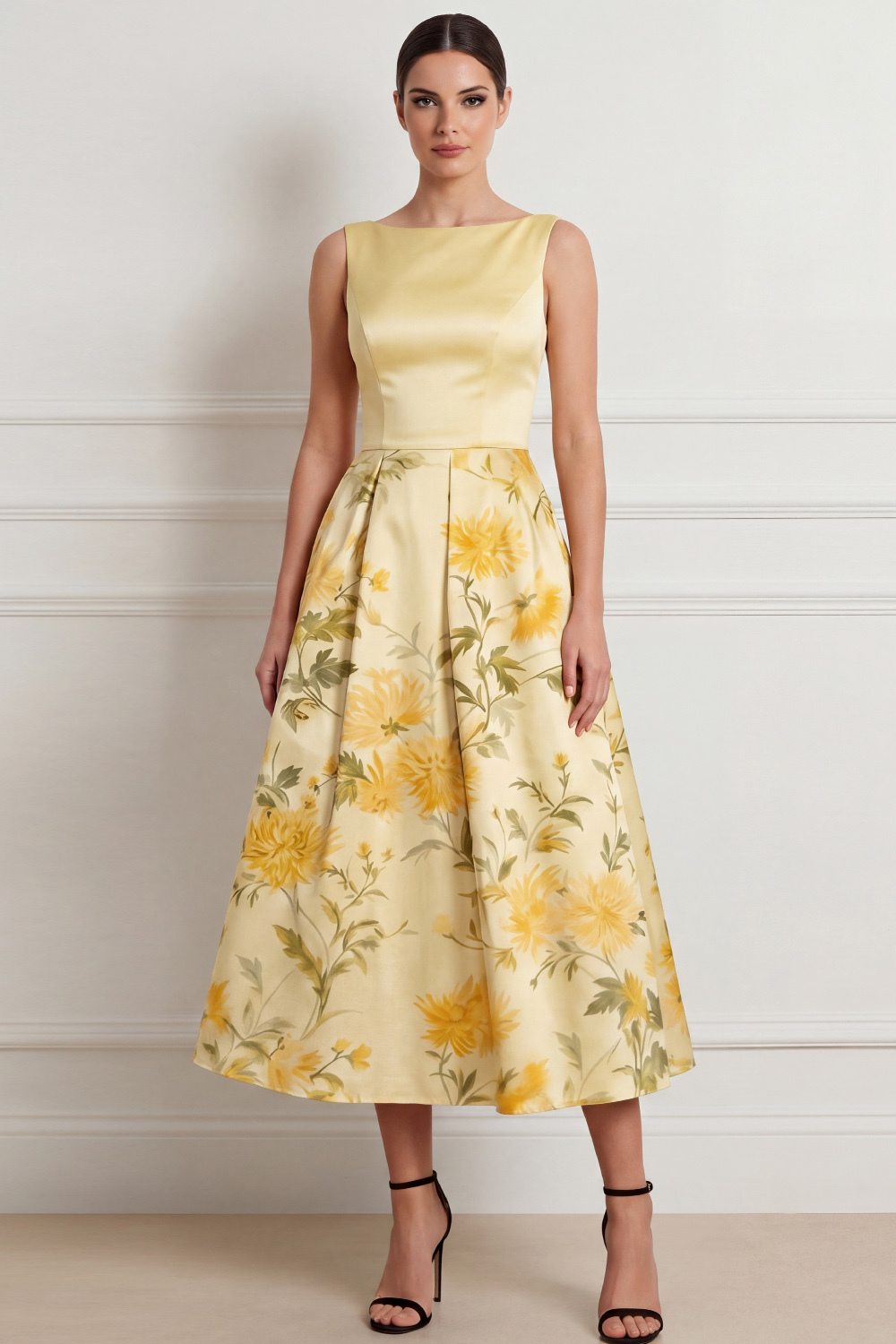 Light Yellow Floral Wedding Guest Dress A-Line Crew Neck Satin Midi Dress