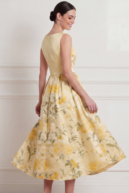 Light Yellow Floral Wedding Guest Dress A-Line Crew Neck Satin Midi Dress 