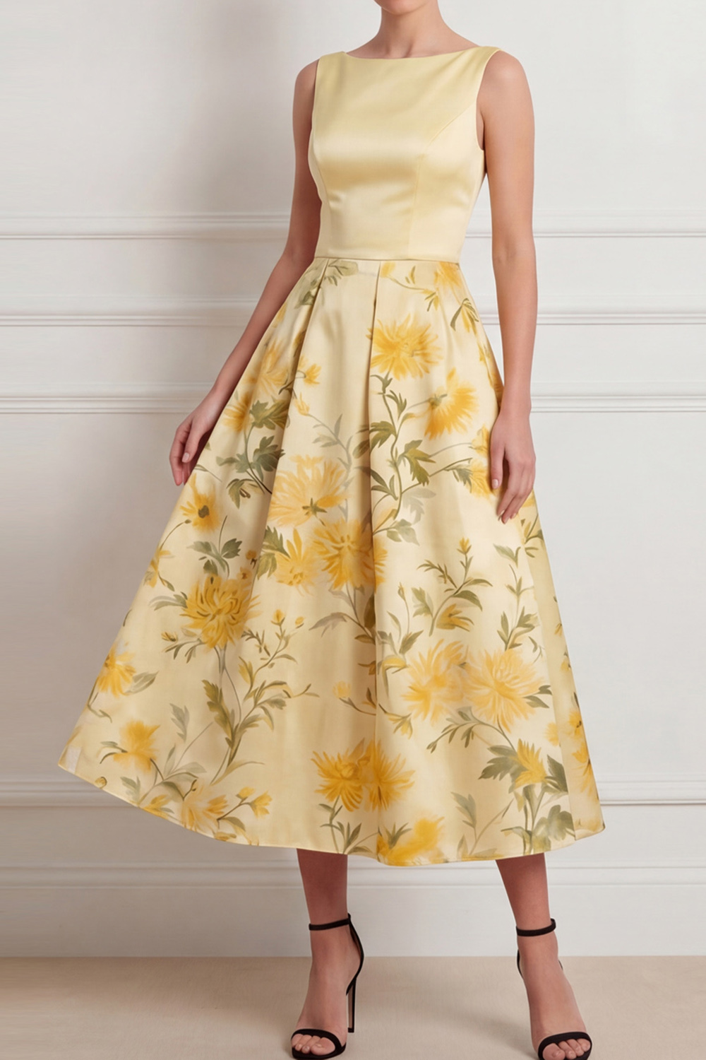 Light Yellow Floral Wedding Guest Dress A-Line Crew Neck Satin Midi Dress 