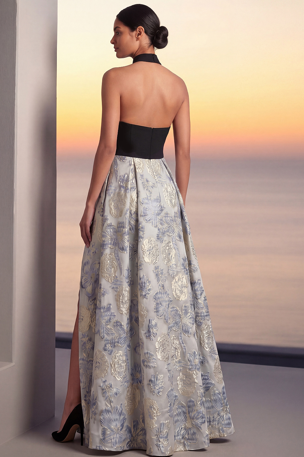 Dusty Blue Formal Evening Dress Halter Jacquard Floral Maxi Dress with Slit