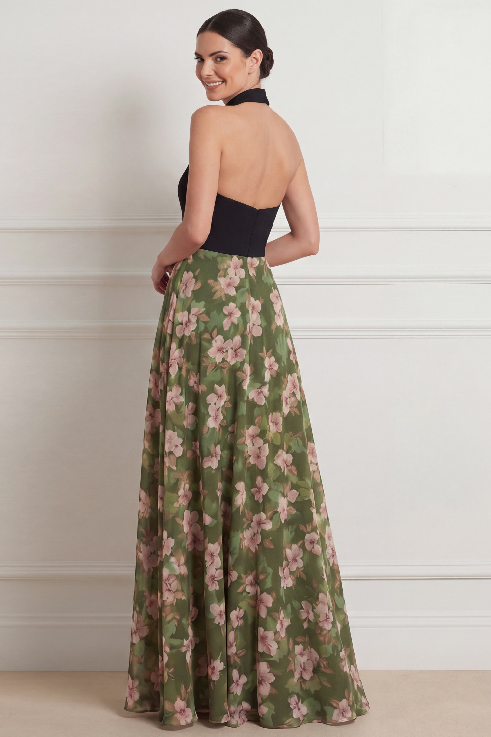 Olive Formal Dress Halter A-Line Floral Chiffon Maxi Dress with Slit