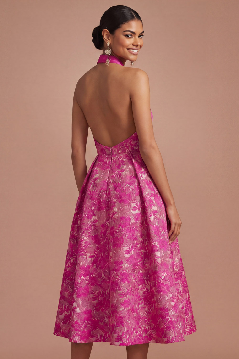 Fuchsia Floral Evening Formal Dress A-Line Criss Cross Satin Midi Dress