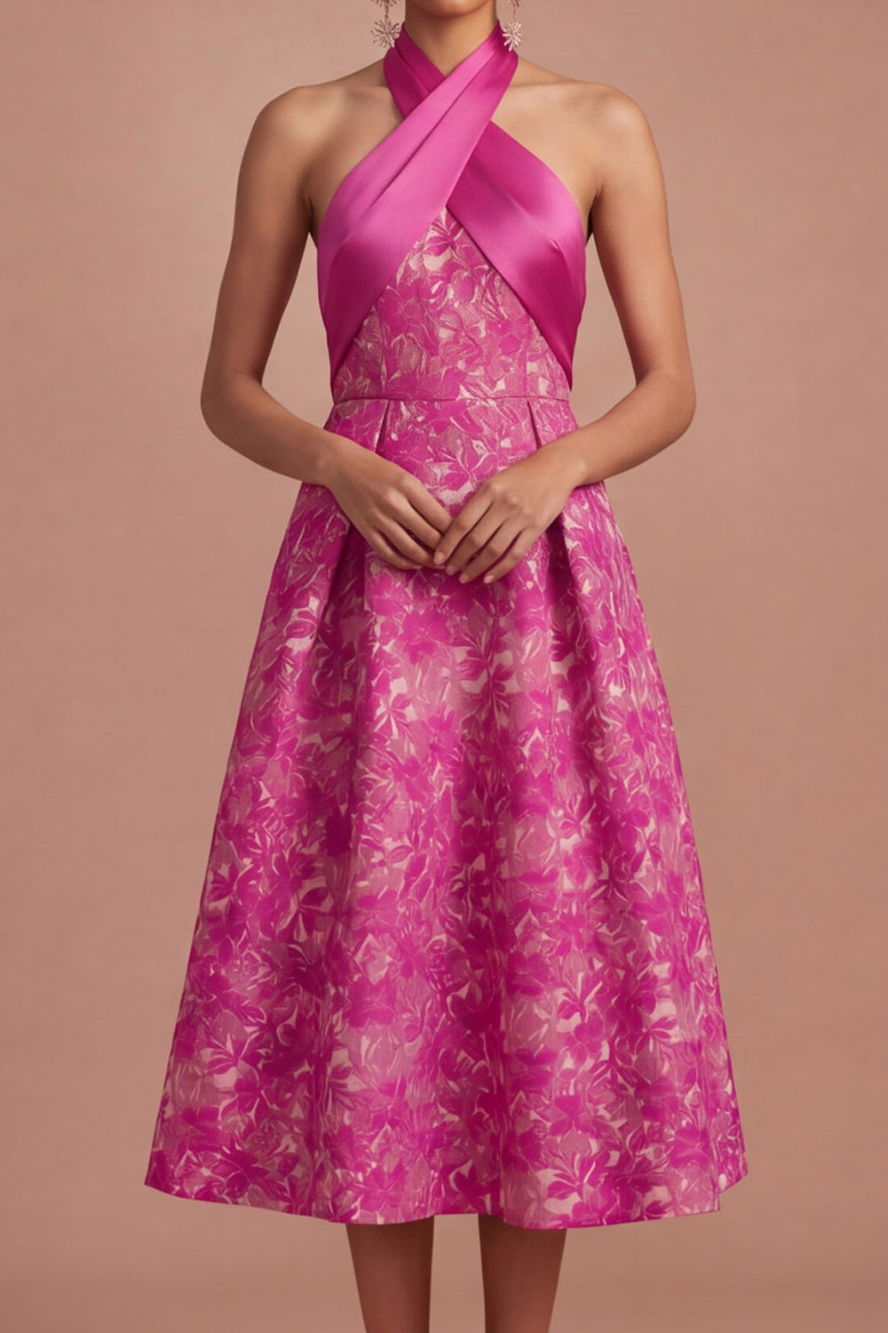 Fuchsia Floral Evening Formal Dress A-Line Criss Cross Satin Midi Dress