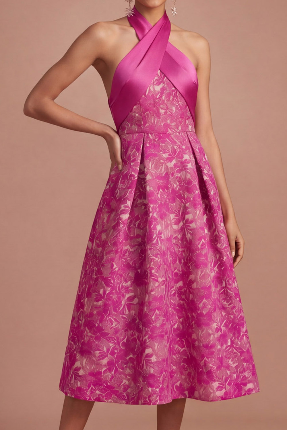 Fuchsia Floral Evening Formal Dress A-Line Criss Cross Satin Midi Dress