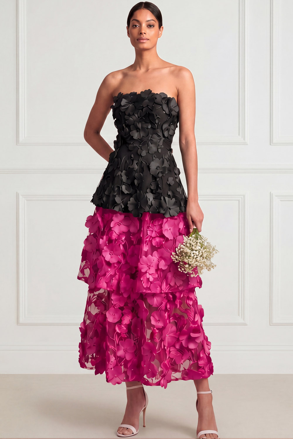 Fuchsia and Black Formal Dress A-Line Appliqued Tiered Maxi Dress
