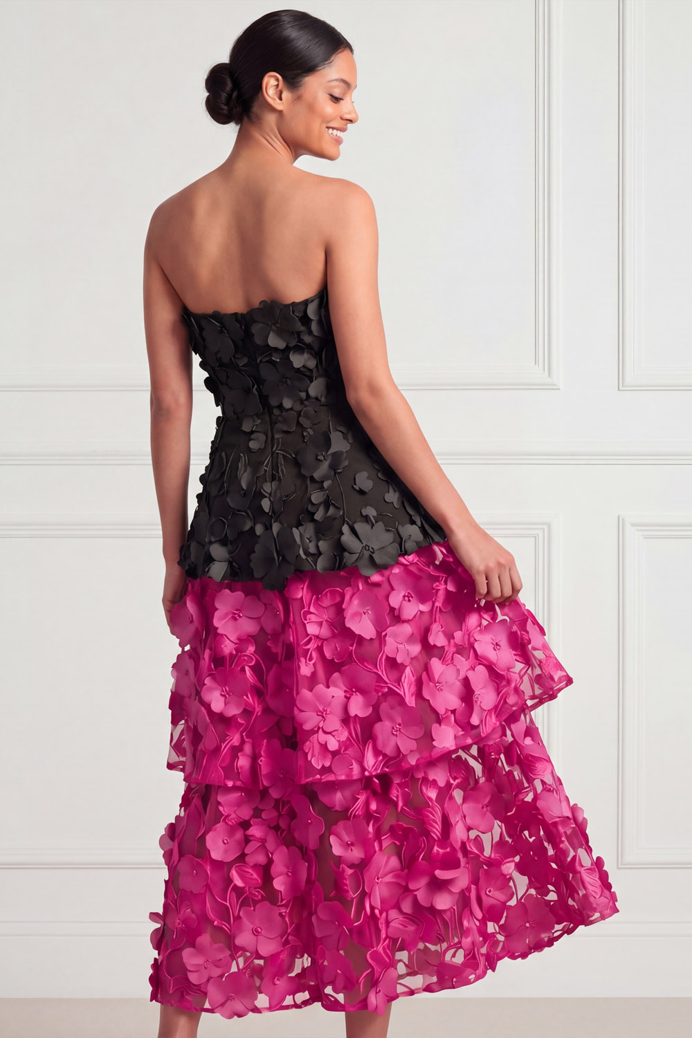 Fuchsia and Black Formal Dress A-Line Appliqued Tiered Maxi Dress