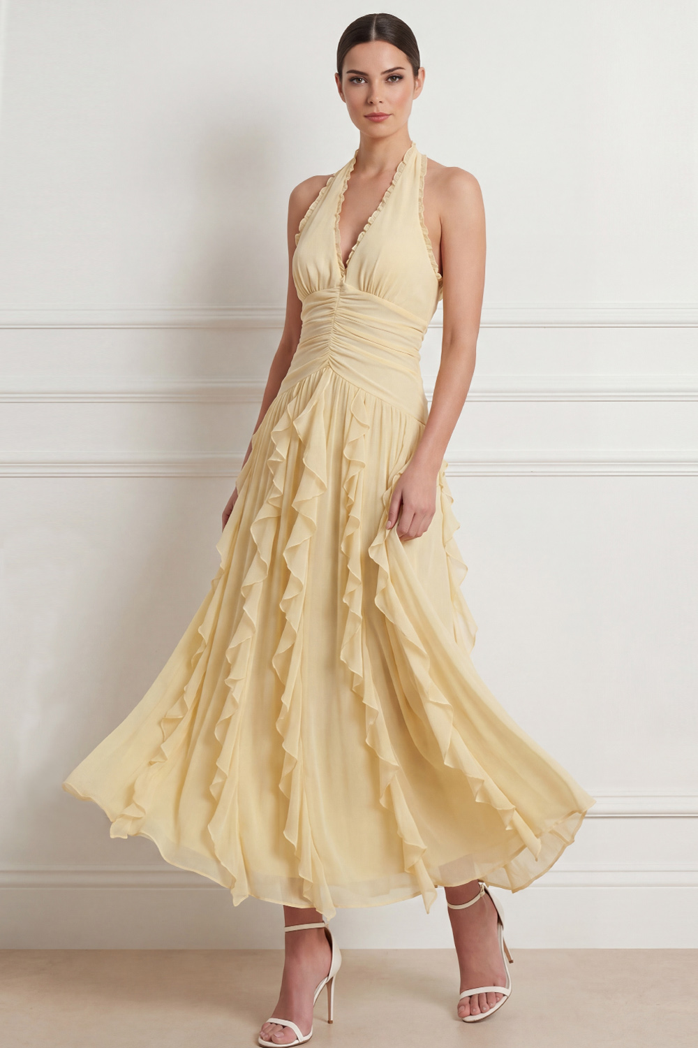 Light Yellow Formal Dress A-Line Halter Backless Maxi Dress with Ruffles