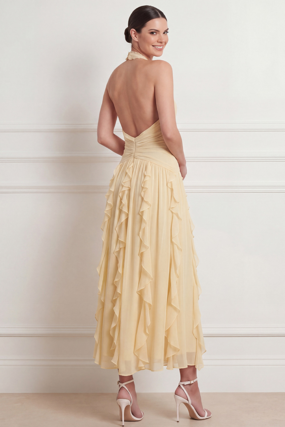 Light Yellow Formal Dress A-Line Halter Backless Maxi Dress with Ruffles