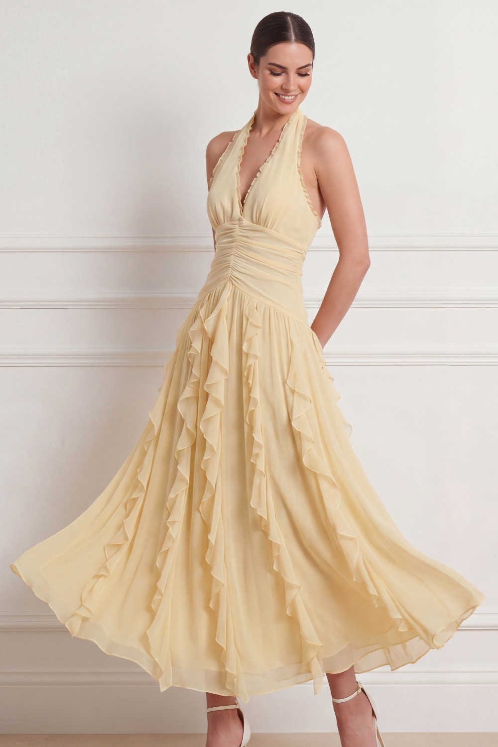 Light Yellow Formal Dress A-Line Halter Backless Maxi Dress with Ruffles