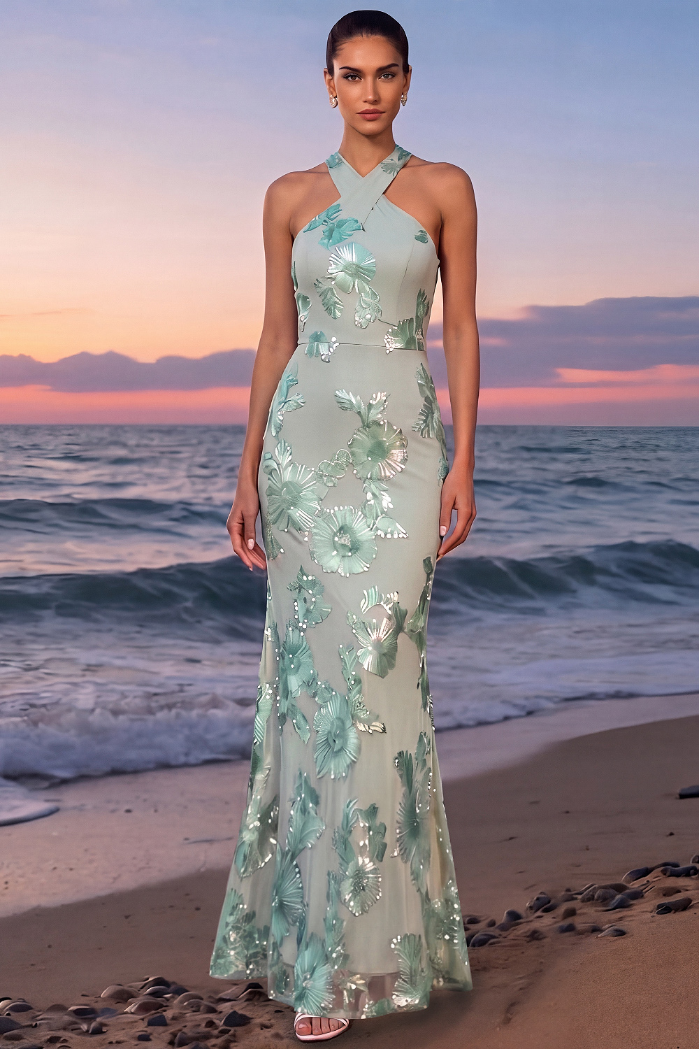 Mint Green Floral Formal Dress Mermaid Criss Cross Maxi Dress