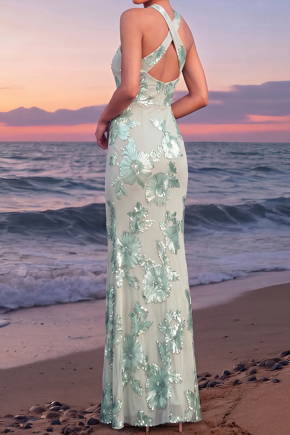Mint Green Floral Formal Dress Mermaid Criss Cross Maxi Dress