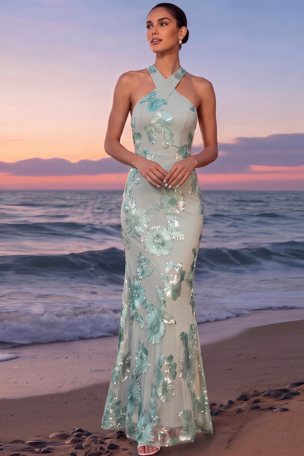 Mint Green Floral Formal Dress Mermaid Criss Cross Maxi Dress