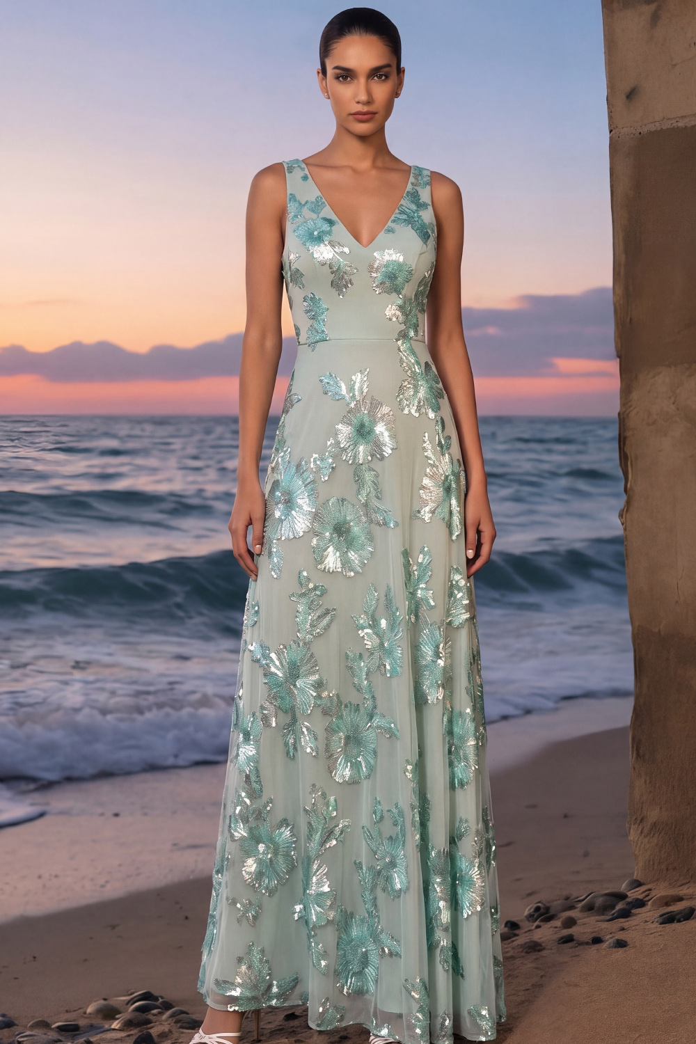 Mint Green Floral Formal Dress V-Neck A-Line Maxi Dress