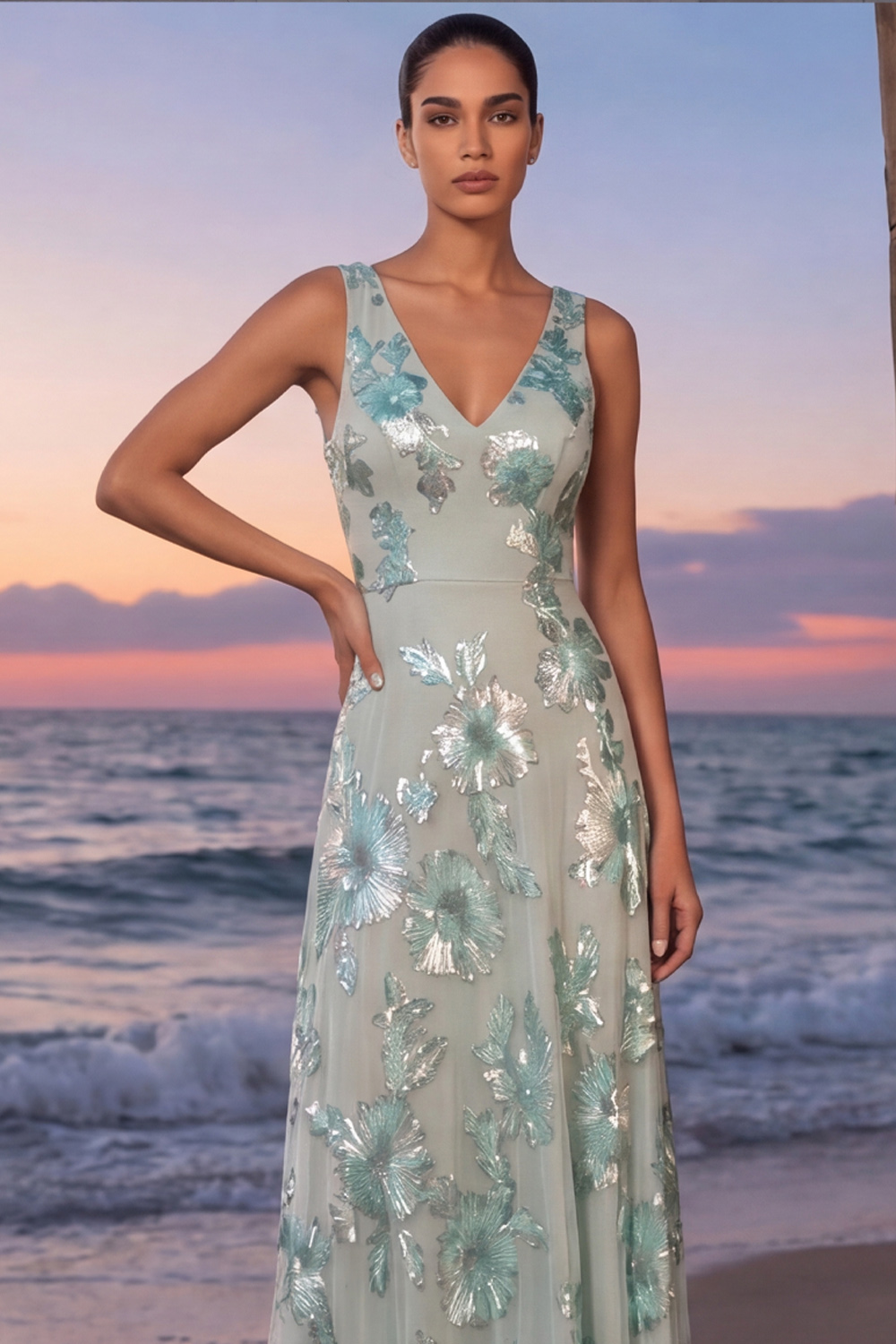 Mint Green Floral Formal Dress V-Neck A-Line Maxi Dress 
