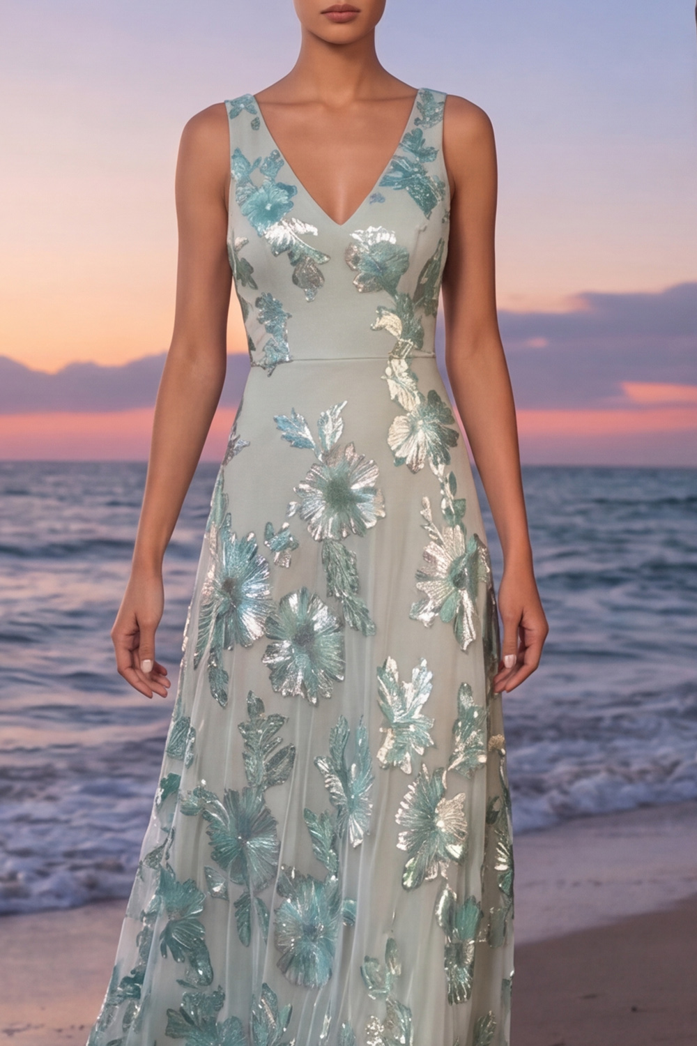 Mint Green Floral Formal Dress V-Neck A-Line Maxi Dress 